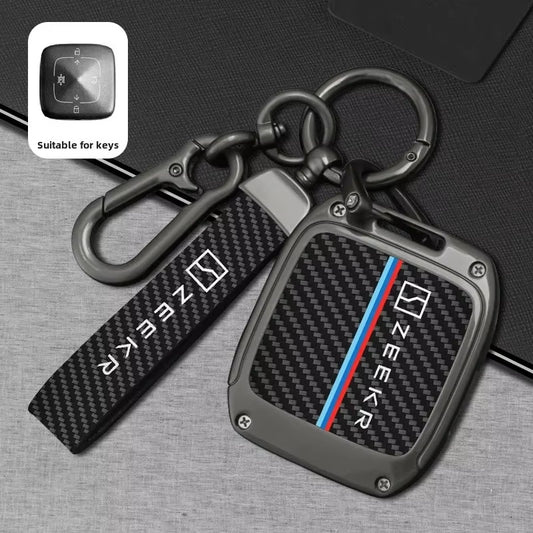 Zeekr X Zinc Alloy + Carbon Fibre Pattern Leather Car Remote Key FOB Cover Case Shell Keychain