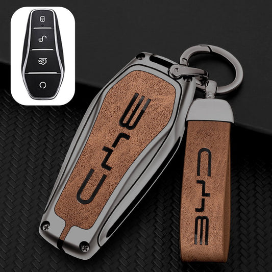 Zinc Alloy + Leather Car Remote Key FOB Cover Case Shell Keychain for BYD - Brown