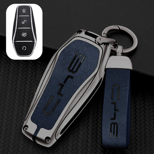 Zinc Alloy + Leather Car Remote Key FOB Cover Case Shell Keychain for BYD - Blue