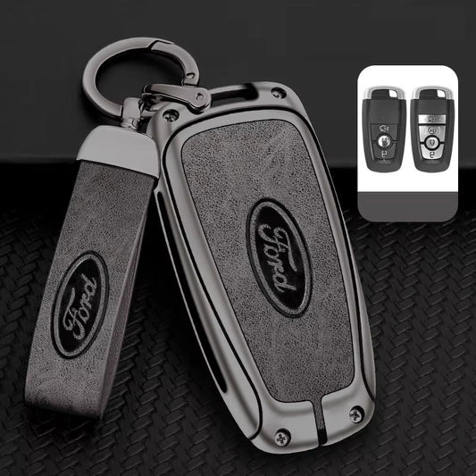 Ford Key Fob Cover Case — Zinc Alloy + Leather Shell Keychain