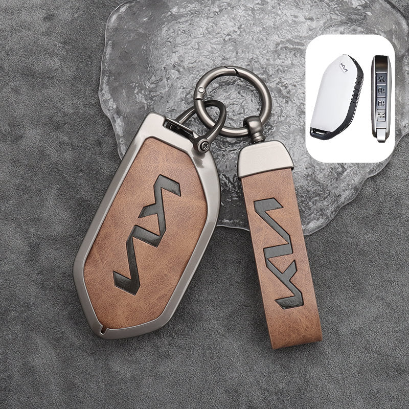 Zinc Alloy + Leather Car Remote Key FOB Cover Case Shell Keychain for Kia EV5 Zinc Alloy + Leather Car Remote Key FOB Cover Case Shell Keychain for Kia EV5