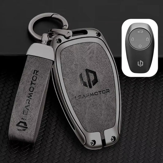 Leapmotor C10 key fob cover case in grey — zinc alloy and PU leather