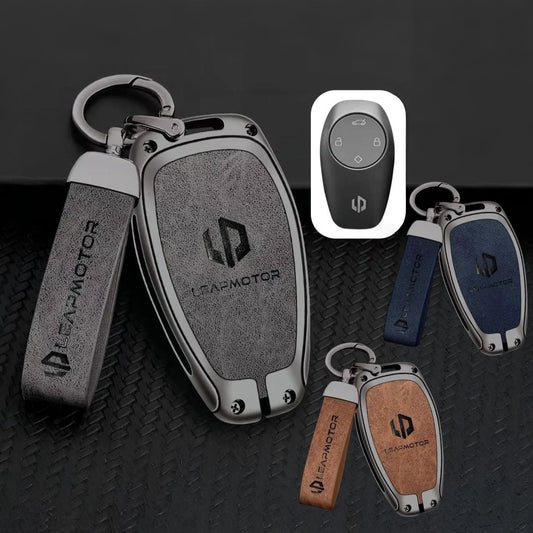 Zinc Alloy + Leather Car Remote Key FOB Cover Case Shell Keychain for Leapmotor C10