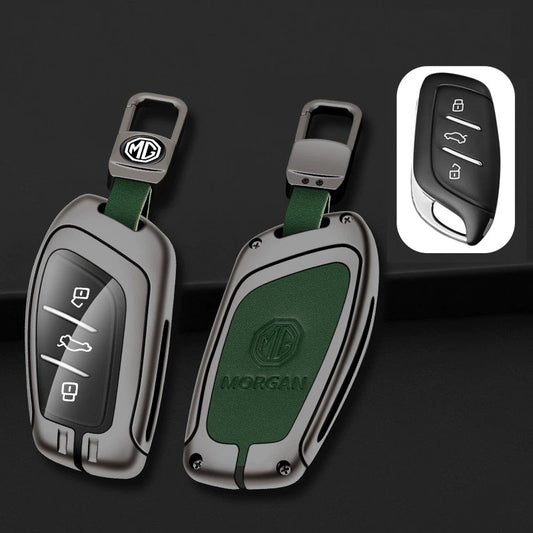 MG Key Fob Cover Case — Zinc Alloy + PU Leather Shell Keychain (Green)