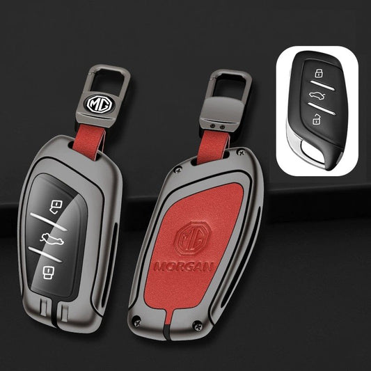 MG Key Fob Cover Case — Zinc Alloy + PU Leather Shell Keychain (Red)