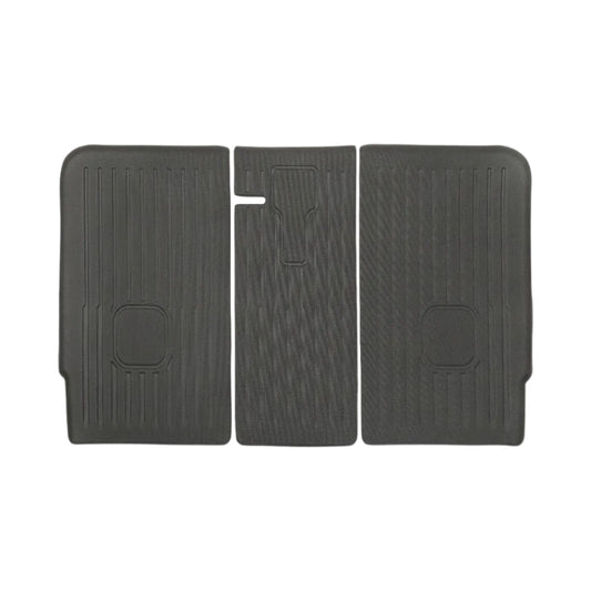 Three-piece dark gray molded rubber car floor mat set with textured ribbed patterns and circular cutouts, shown on a plain white background.