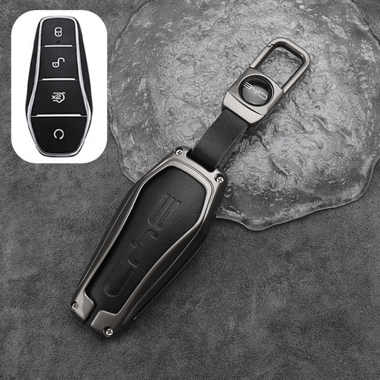 Leather + Zinc Alloy Car Remote Key FOB Cover Case Shell Keychain for BYD - Black