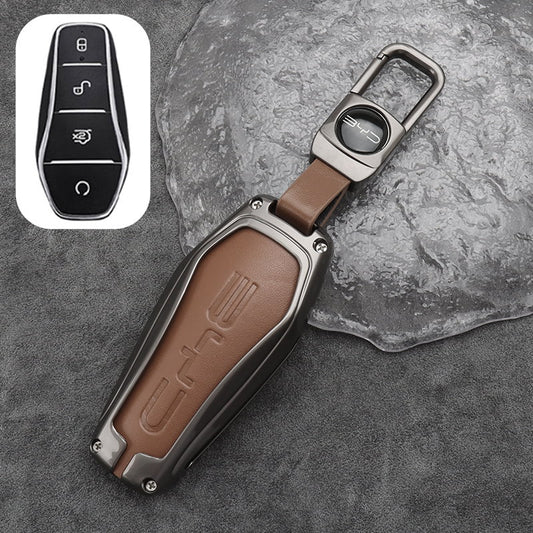 Leather + Zinc Alloy Car Remote Key FOB Cover Case Shell Keychain for BYD - Brown