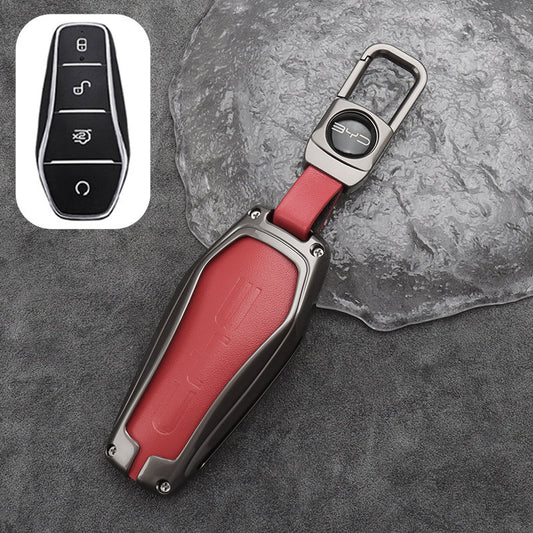 Leather + Zinc Alloy Car Remote Key FOB Cover Case Shell Keychain for BYD - Red