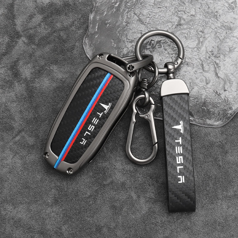 Tesla Model 3 Y Zinc Alloy + Carbon Fibre Pattern Leather Car Remote Key FOB Cover Case Shell Keychain Tesla Model 3 Y Zinc Alloy + Carbon Fibre Pattern Leather Car Remote Key FOB Cover Case Shell Keychain