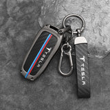 Tesla Model 3 Y Zinc Alloy + Carbon Fibre Pattern Leather Car Remote Key FOB Cover Case Shell Keychain Tesla Model 3 Y Zinc Alloy + Carbon Fibre Pattern Leather Car Remote Key FOB Cover Case Shell Keychain