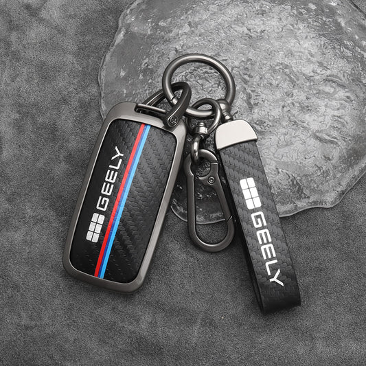 Geely EX5 Zinc Alloy + Carbon Fibre Pattern Leather Car Remote Key FOB Cover Case Shell Keychain