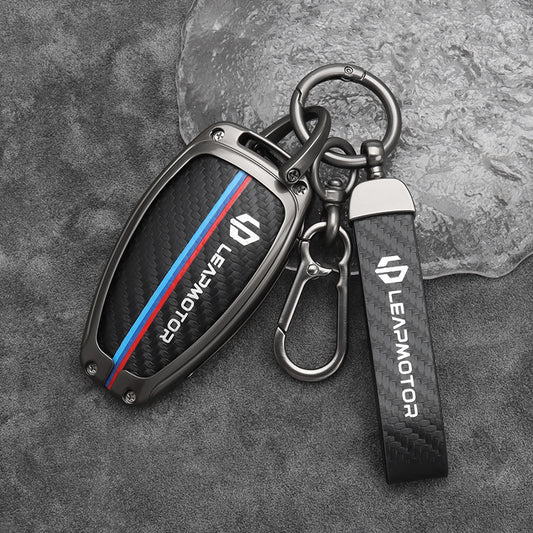 Leapmotor C10 Zinc Alloy + Carbon Fibre Pattern Leather Car Remote Key FOB Cover Case Shell Keychain