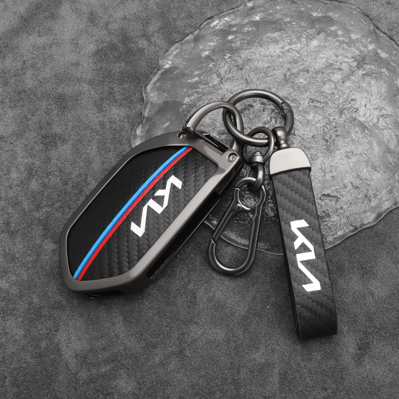 Kia EV5 Zinc Alloy + Carbon Fibre Pattern Leather Car Remote Key FOB Cover Case Shell Keychain Kia EV5 Zinc Alloy + Carbon Fibre Pattern Leather Car Remote Key FOB Cover Case Shell Keychain