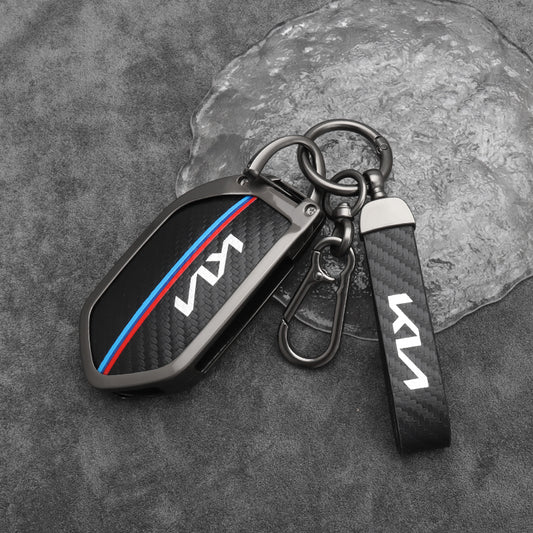 Kia EV5 Zinc Alloy + Carbon Fibre Pattern Leather Car Remote Key FOB Cover Case Shell Keychain