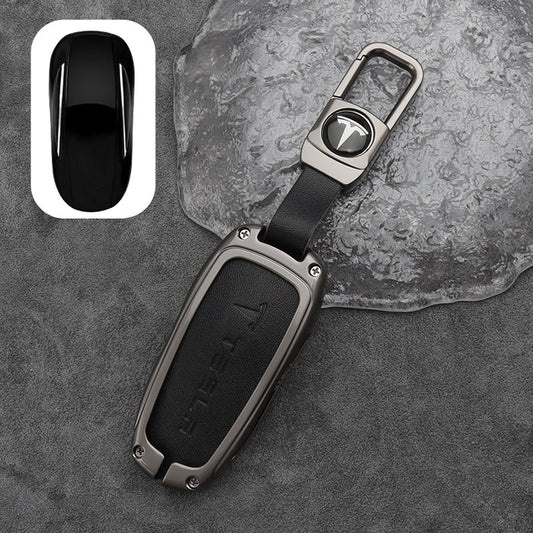 Tesla Model 3/Y key fob cover case in black — zinc alloy and PU leather