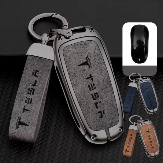 Zinc Alloy + Leather Car Remote Key FOB Cover Case Shell Keychain for Tesla Modal 3 Y