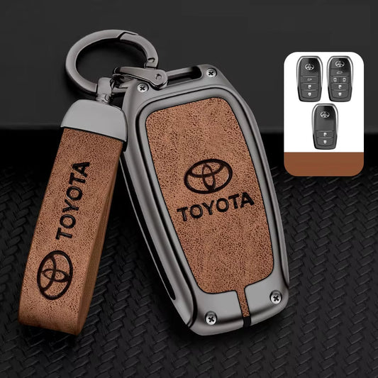 Zinc Alloy + Leather Car Remote Key FOB Cover Case Shell Keychain for Toyota - Brown