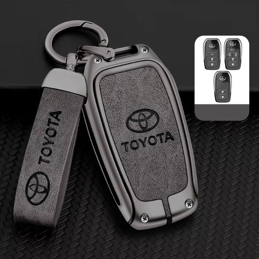 Zinc Alloy + Leather Car Remote Key FOB Cover Case Shell Keychain for Toyota - Grey