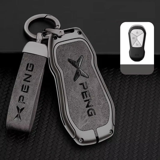 Xpeng G6 Key Fob Cover Case — Zinc Alloy + Leather Shell Keychain (Grey)