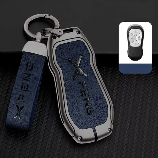 Xpeng G6 Key Fob Cover Case — Zinc Alloy + Leather Shell Keychain (Blue)