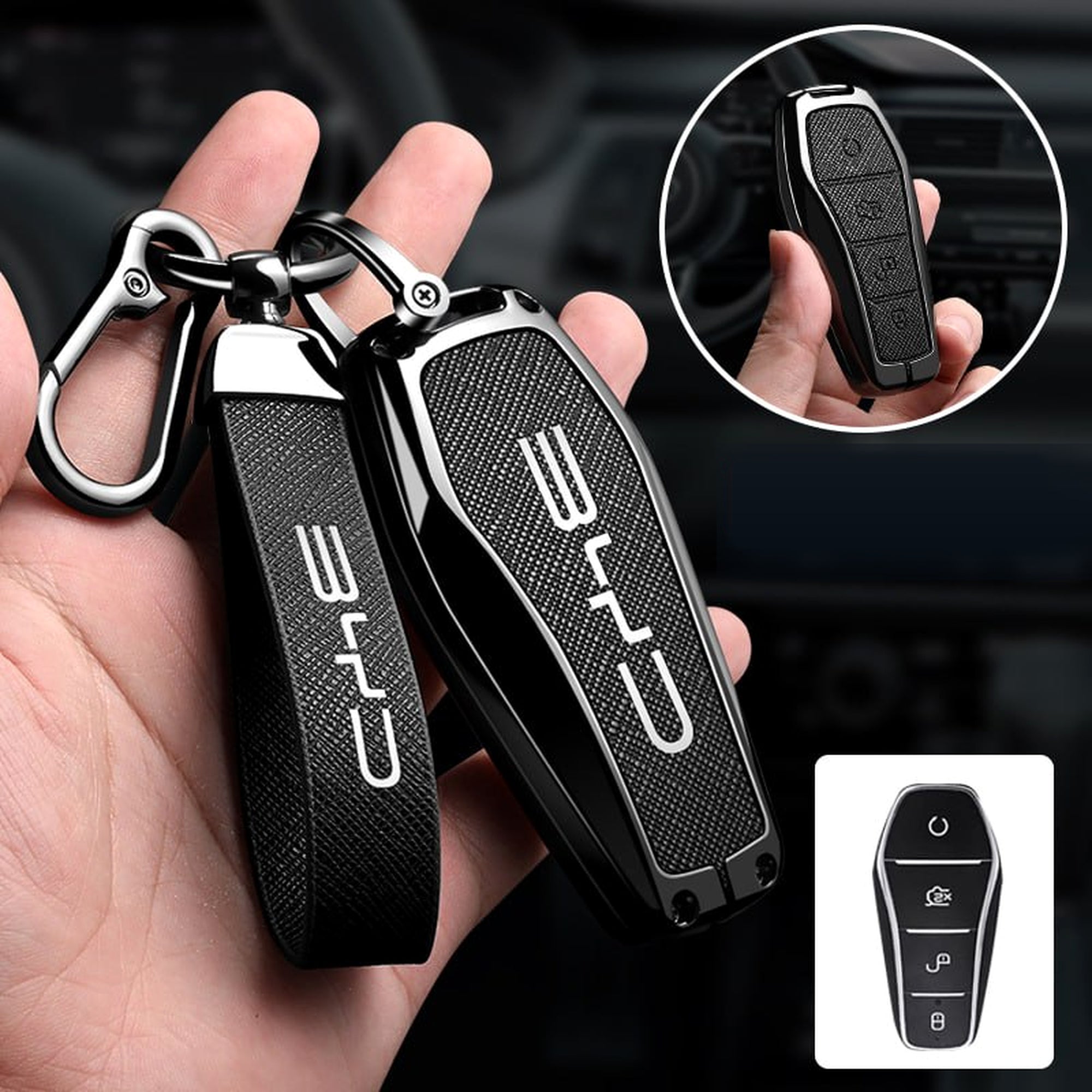 BYD EV Key Fob Cover Case — Zinc Alloy + Carbon Weave PU Leather Shell Keychain