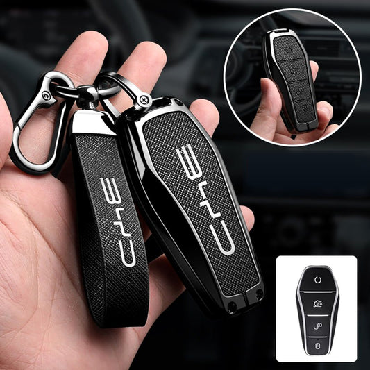 BYD EV Key Fob Cover Case — Zinc Alloy + Carbon Weave PU Leather Shell Keychain