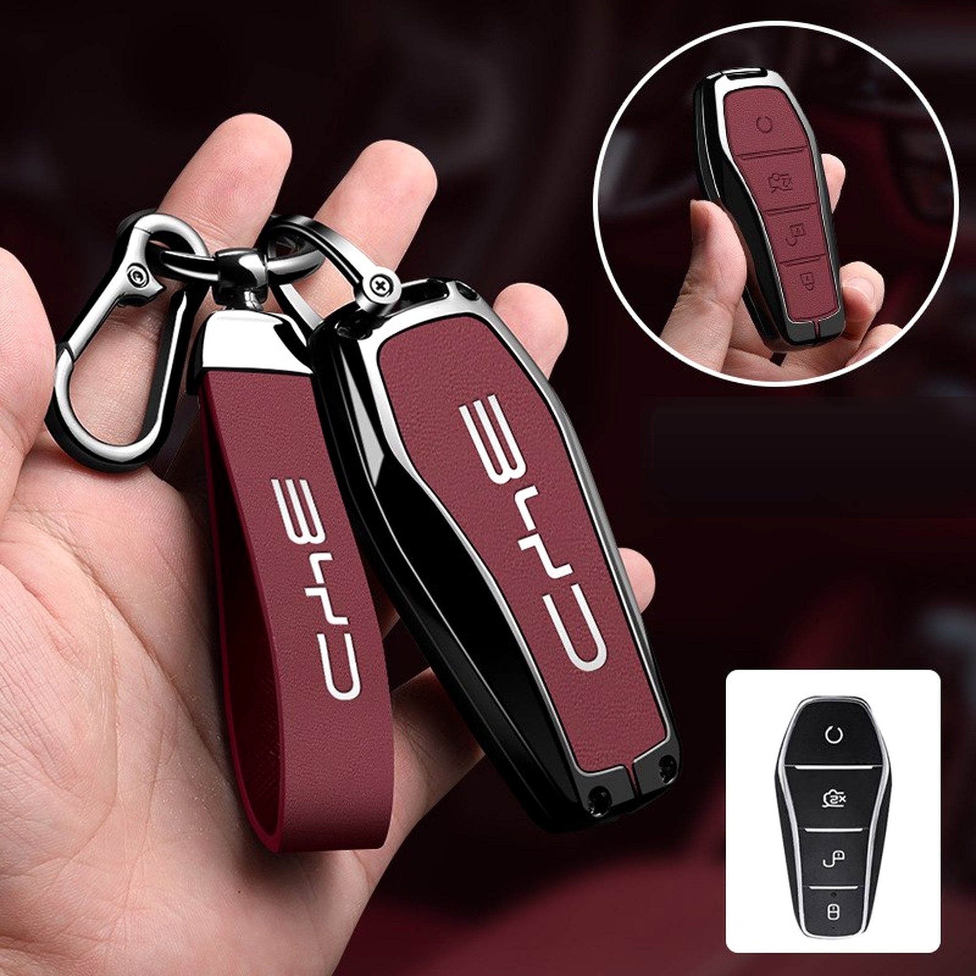 BYD EV Key Fob Cover Case — Zinc Alloy + Carbon Weave PU Leather Shell Keychain
