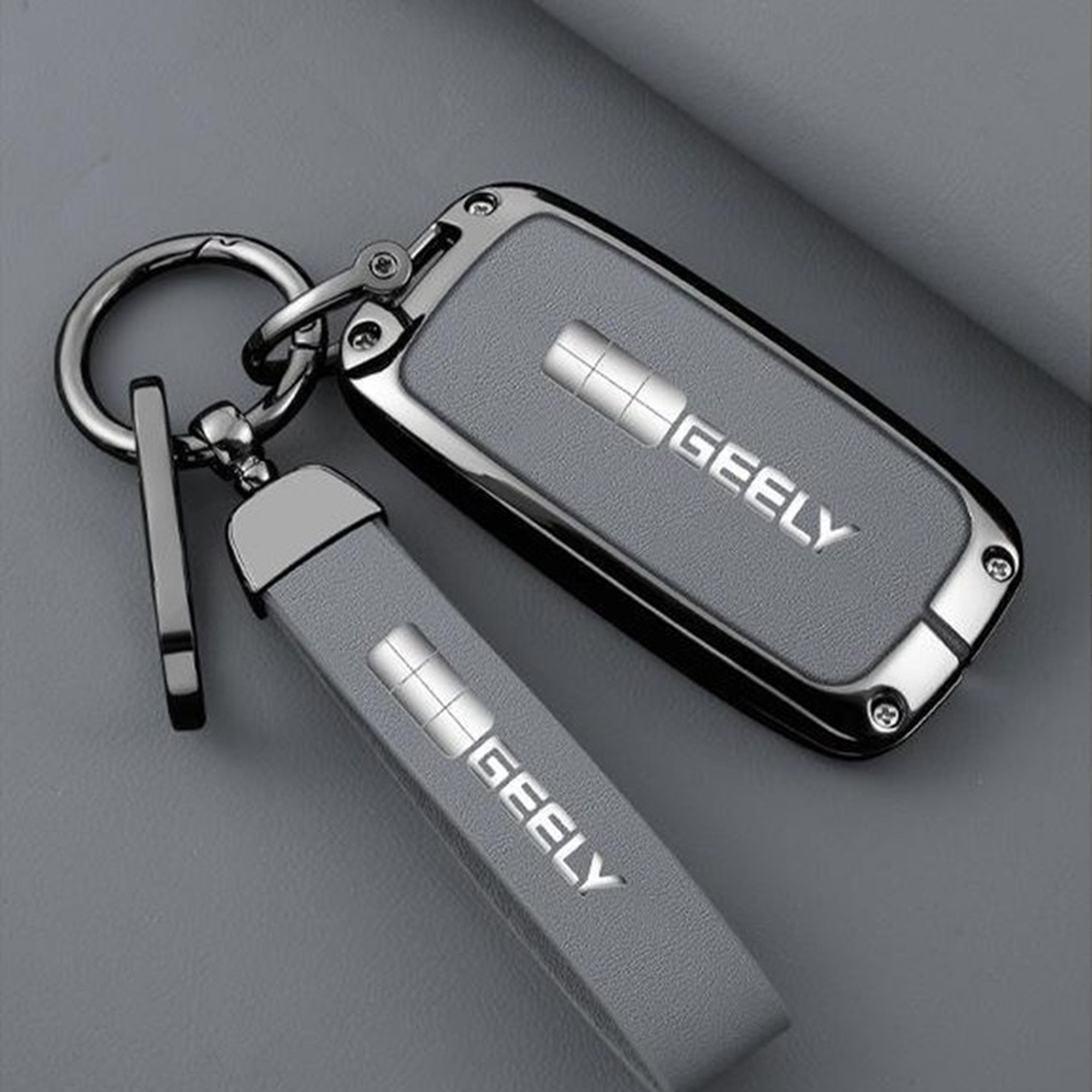 Geely EV Key Fob Cover Case — Zinc Alloy + Fine-Grain PU Leather Shell Keychain