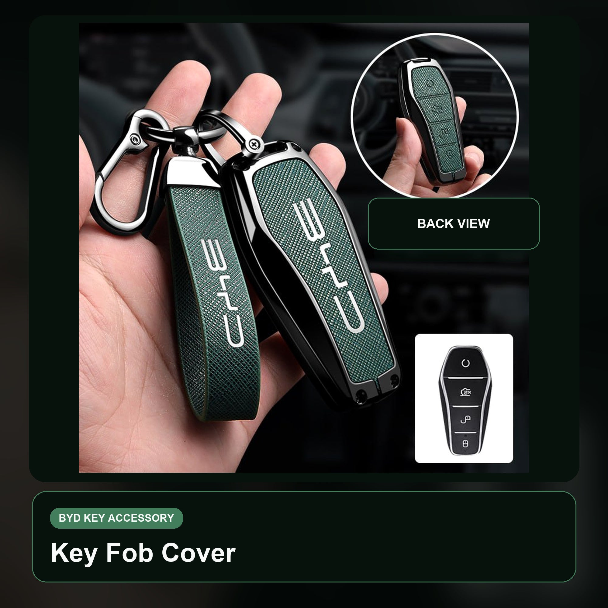 BYD EV Key Fob Cover Case — Zinc Alloy + Carbon Weave PU Leather Shell Keychain