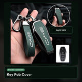 BYD EV Key Fob Cover Case — Zinc Alloy + Carbon Weave PU Leather Shell Keychain