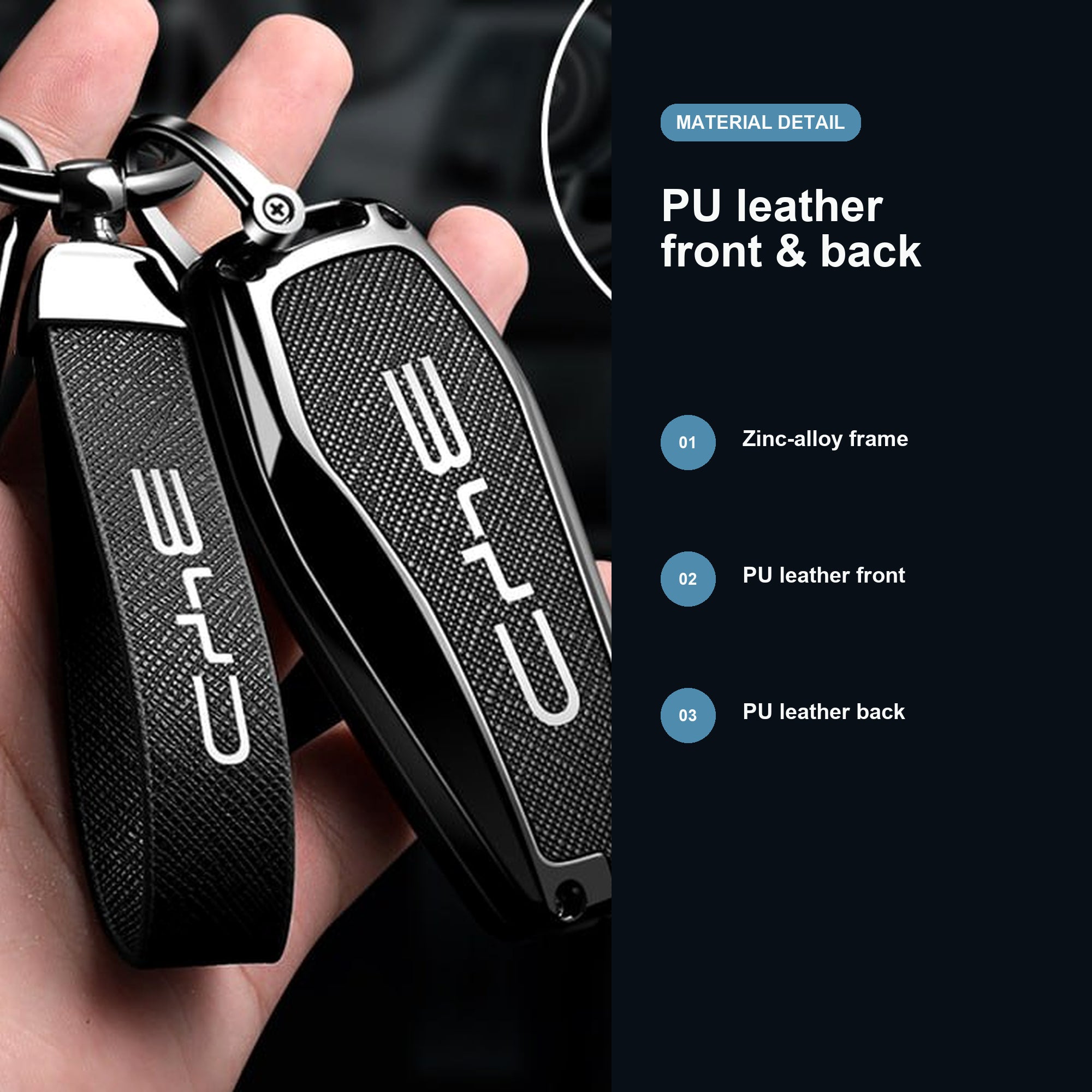 BYD EV Key Fob Cover Case — Zinc Alloy + Carbon Weave PU Leather Shell Keychain