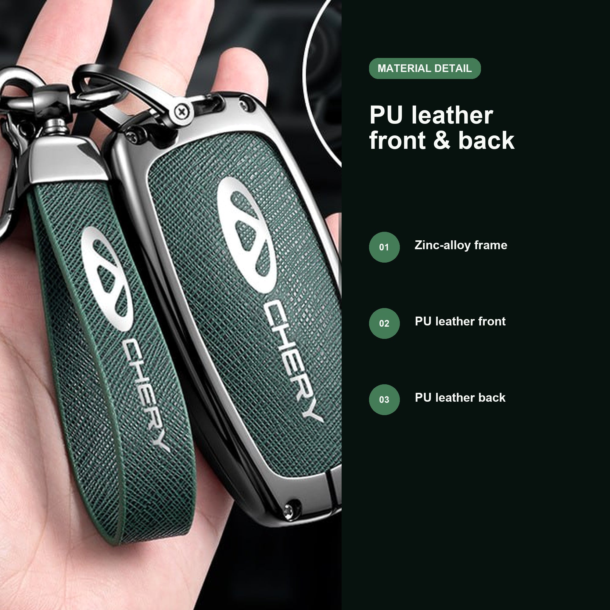 Chery Key Fob Cover Case — Zinc Alloy + Carbon Weave PU Leather Shell Keychain