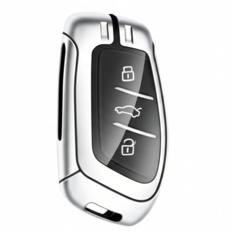 MG Key Fob Cover Case — Zinc Alloy + Leather Shell Keychain (Grey)