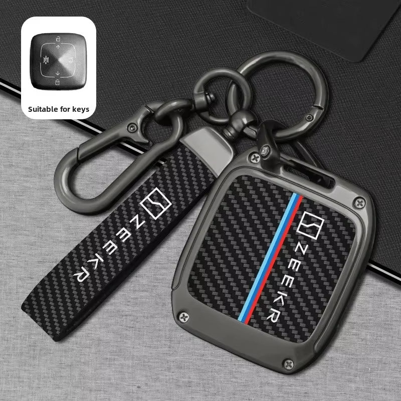 Zeekr X Zinc Alloy + Carbon Fibre Pattern Leather Car Remote Key FOB Cover Case Shell Keychain