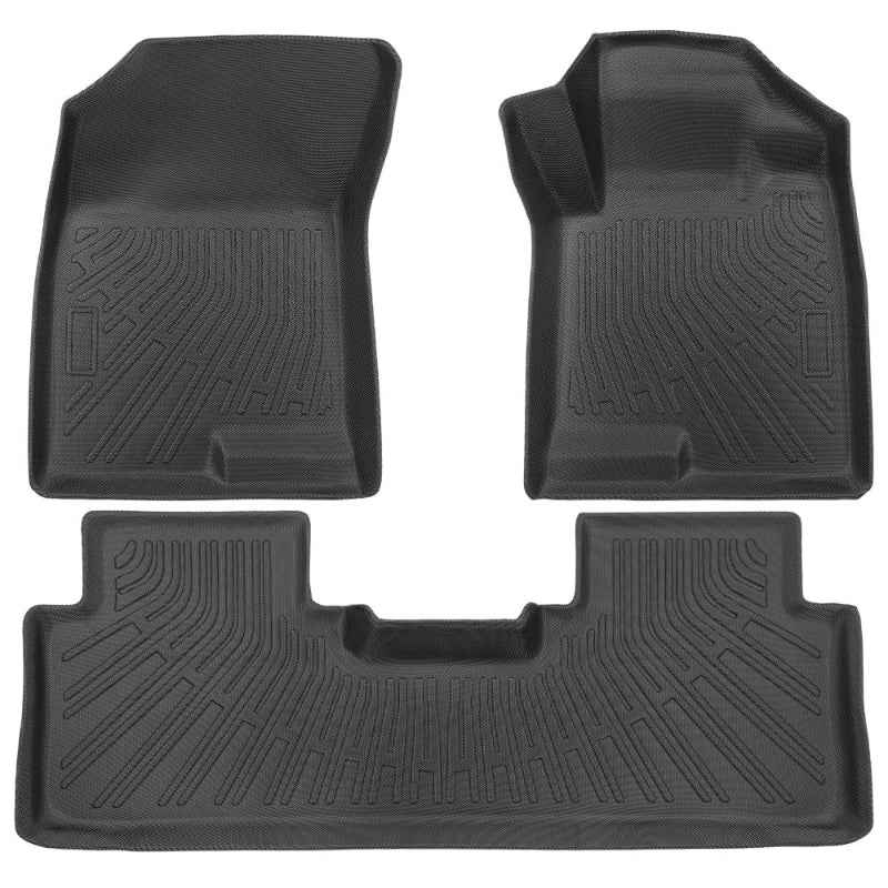 Three-piece black rubber car floor mat set with textured, ribbed patterns, shown on a plain white background.