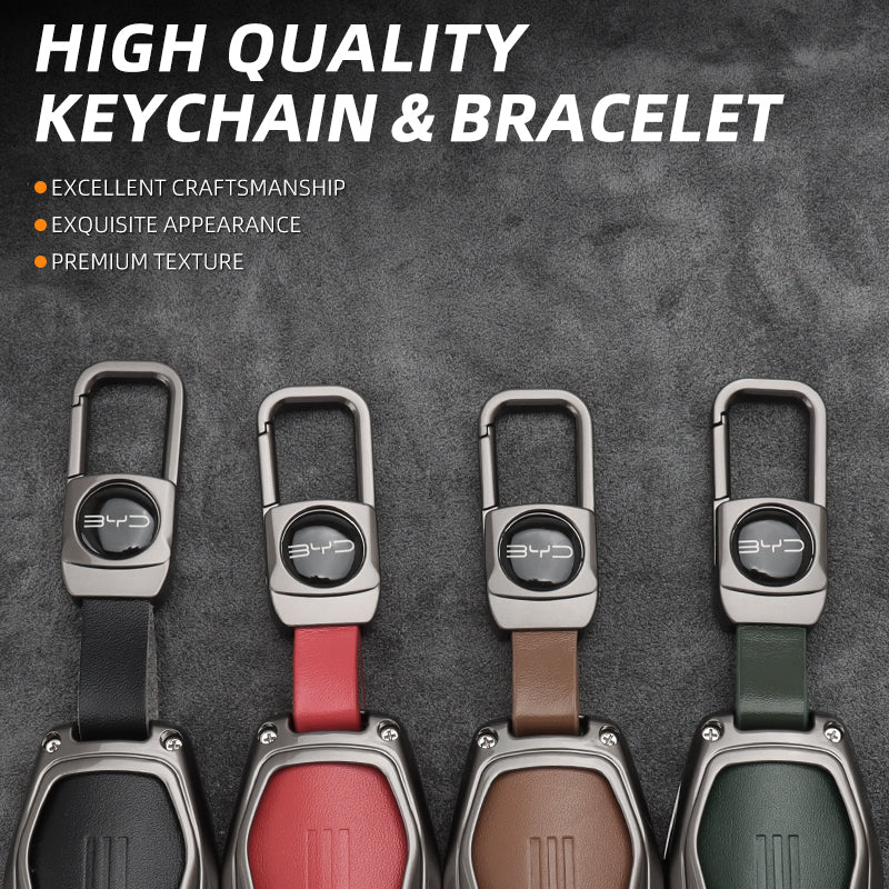 Leather + Zinc Alloy Car Remote Key FOB Cover Case Shell Keychain for BYD