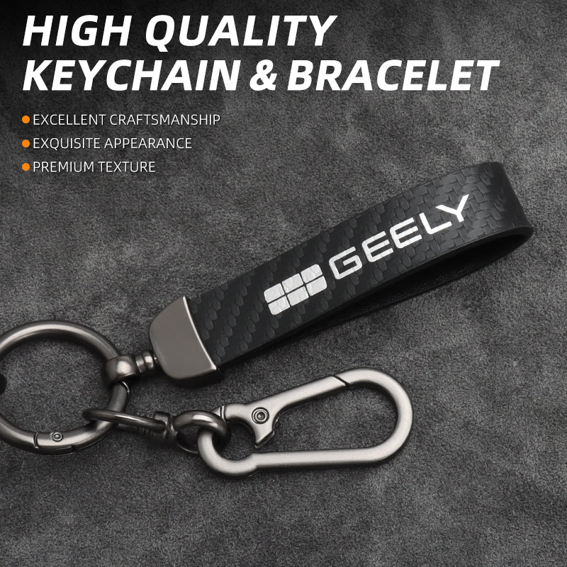 Geely EX5 Zinc Alloy + Carbon Fibre Pattern Leather Car Remote Key FOB Cover Case Shell Keychain