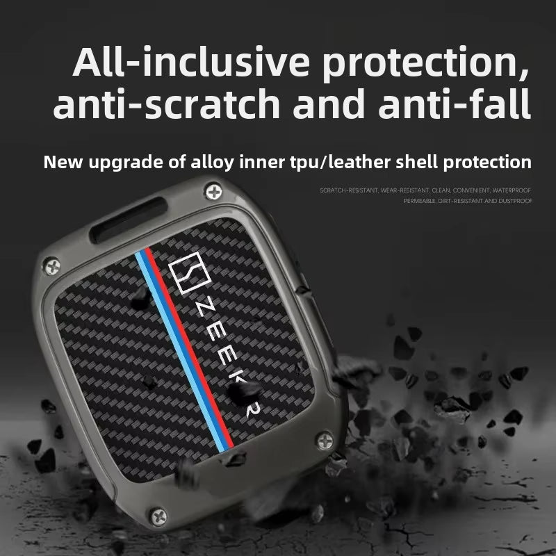 Zeekr X Zinc Alloy + Carbon Fibre Pattern Leather Car Remote Key FOB Cover Case Shell Keychain