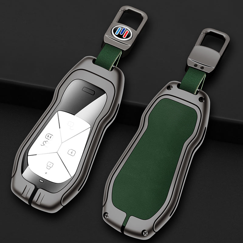 Xpeng G6 Key Fob Cover Case — Zinc Alloy + Leather Shell Keychain (Green)