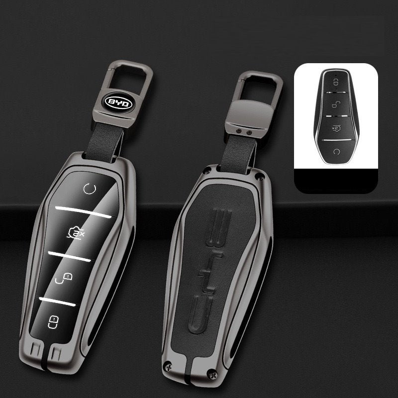 Leather + Zinc Alloy Car Remote Key FOB Cover Case Shell Keychain for BYD