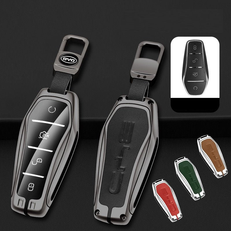 Leather + Zinc Alloy Car Remote Key FOB Cover Case Shell Keychain for BYD