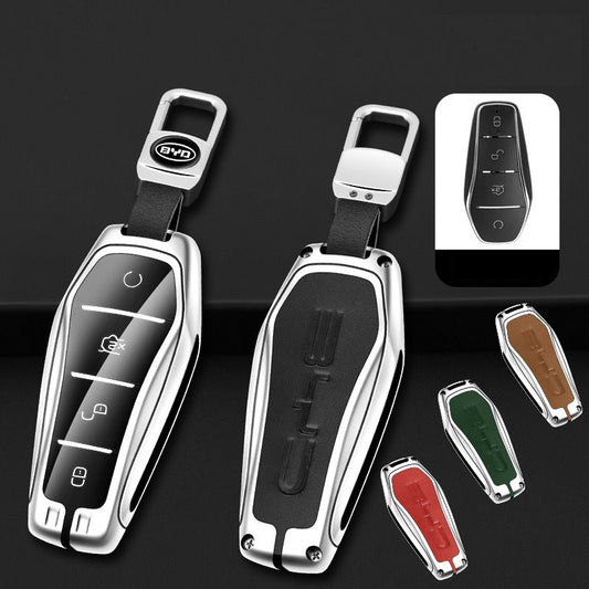 Leather + Silver Alloy Car Remote Key FOB Cover Case Shell Keychain for BYD
