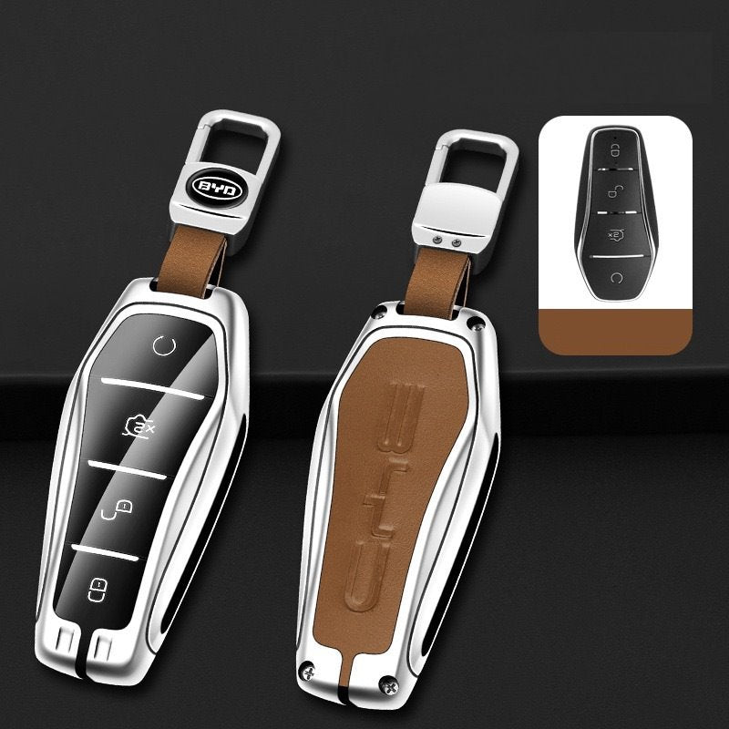 Leather + Silver Alloy Car Remote Key FOB Cover Case Shell Keychain for BYD