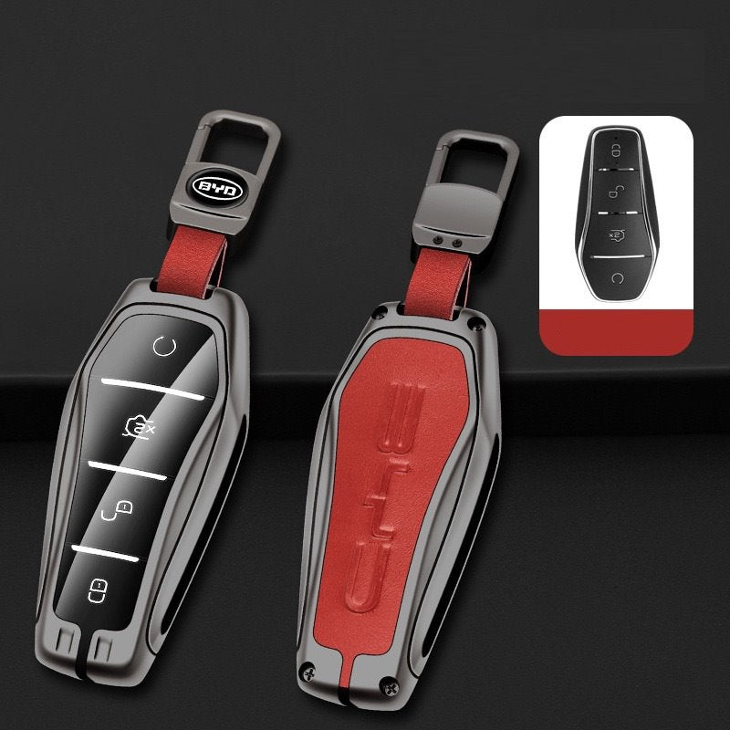 Leather + Zinc Alloy Car Remote Key FOB Cover Case Shell Keychain for BYD