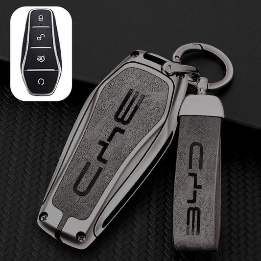 Zinc Alloy + Leather Car Remote Key FOB Cover Case Shell Keychain for BYD - Grey