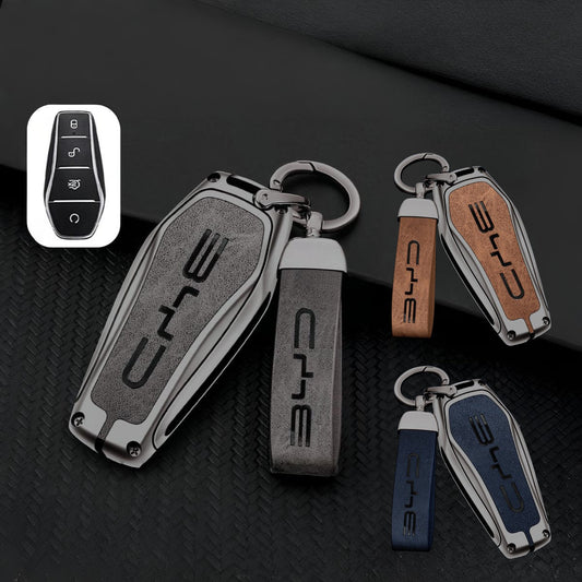 Zinc Alloy + Leather Car Remote Key FOB Cover Case Shell Keychain for BYD
