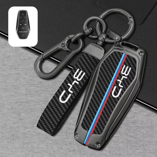 Zinc Alloy + Carbon Fibre Pattern Leather Car Remote Key FOB Cover Case Shell Keychain for BYD