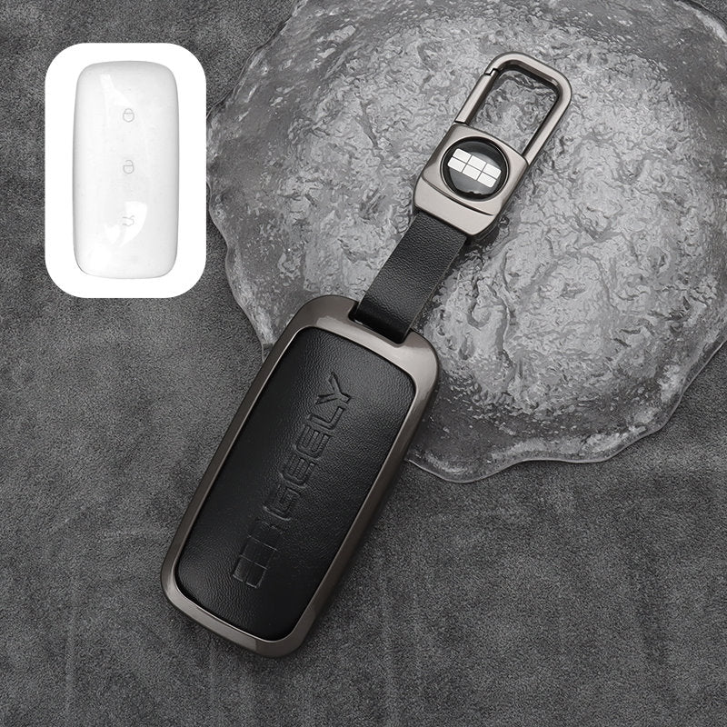 Geely EX5 Leather + Zinc Alloy Car Remote Key FOB Cover Case Shell Keychain