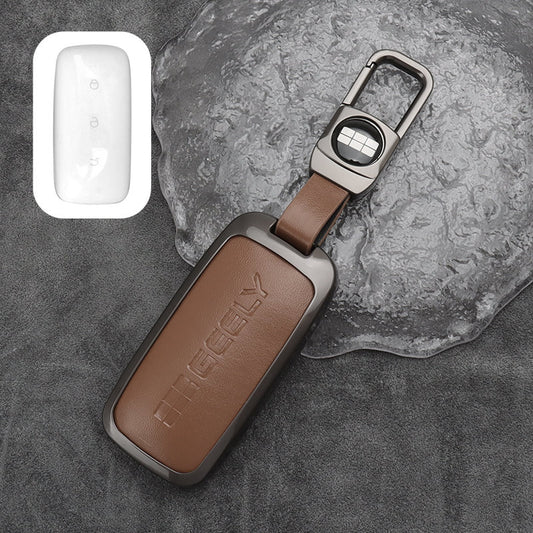 Geely Key Fob Cover Case — Zinc Alloy + Leather Shell Keychain (Brown, Style A)